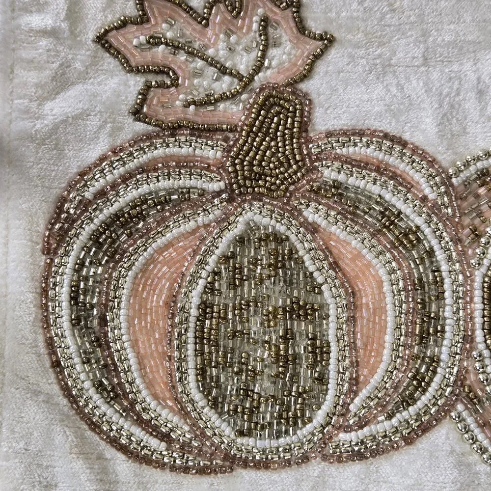 Family Gatherings Fall Autumn Pumpkin Table Runner Beaded Cream Gold Tan Silver